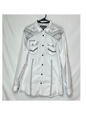 Roar Signature Men’s Large Black White Long Sleeve Embroidered Western Shirt